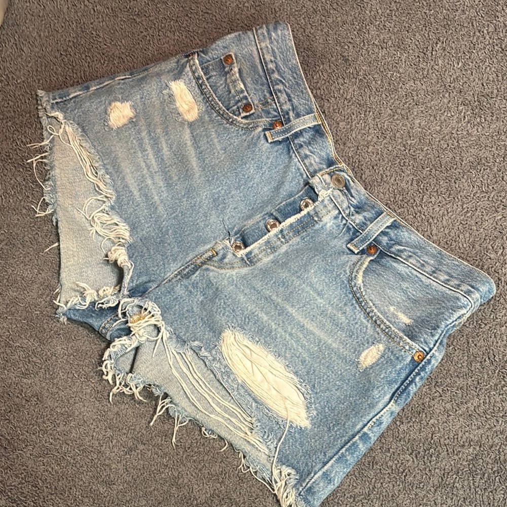 Distressed Denim Shorts - Light Blue